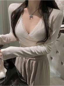 DAZY Solid Surplice Neckline Wrap Tee - White - View 7