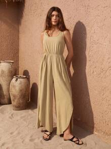 Bohemela 素色高衩闊腿無袖連體褲 - 卡其色 - 查看 4