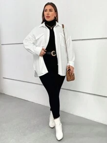 SHEIN Essnce 大碼翻蓋口袋落肩袖前紐扣外套 - 白色 - 查看 3