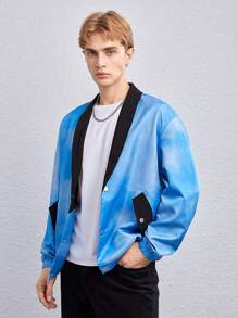 Manfinity VCAY 1 件撞色饰边落肩超大夹克，适合秋冬 - 藍色 - 查看 5