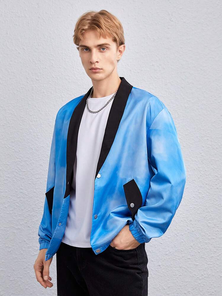 1pc Contrast Trim Drop Shoulder Oversized Jacket, For Fall Winter