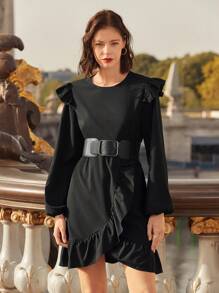 SHEIN Frenchy Ruffle Trim Lantern Sleeve Ruffle Hem Dress - Black - View 6