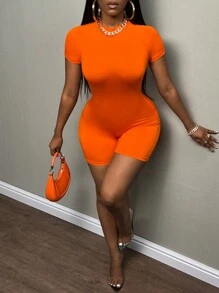 Slaydiva Solid Raglan Sleeve Unitard Romper - Orange - View 5