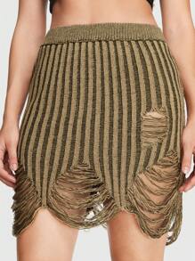 ROMWE Grunge Punk Summer Crochet Solid Ripped Sweater Skirt - Camel - View 5