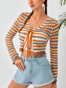 Soleia 條紋圖案&幾何圖案前繫帶短款開衫 - 彩色 - 查看 3