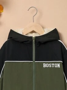 SHEIN Tween Boy Letter Graphic Contrast Piping Thermal Lined Hooded Jacket - Army Green - View 7
