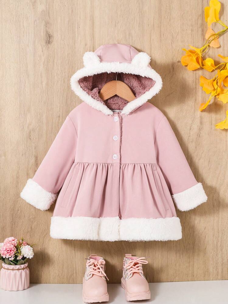 Baby Girl 3D Ear Design Contrast Teddy Hooded Peplum Coat