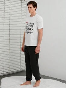 RueChic Men Christmas Slogan Graphic Lounge Set - Black - View 4