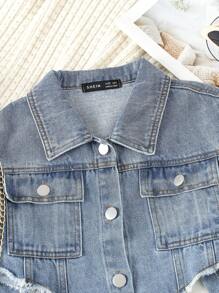 SHEIN Chica preadolescente Cazadora mezclilla crop con bolsillo con solapa bajo crudo