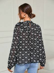 Aveloria 通體印花荷葉邊燈籠袖襯衫 - 黑與白 - 查看 2