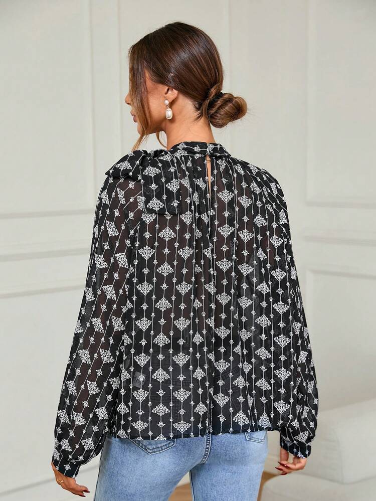 Allover Print Frill Trim Lantern Sleeve Blouse