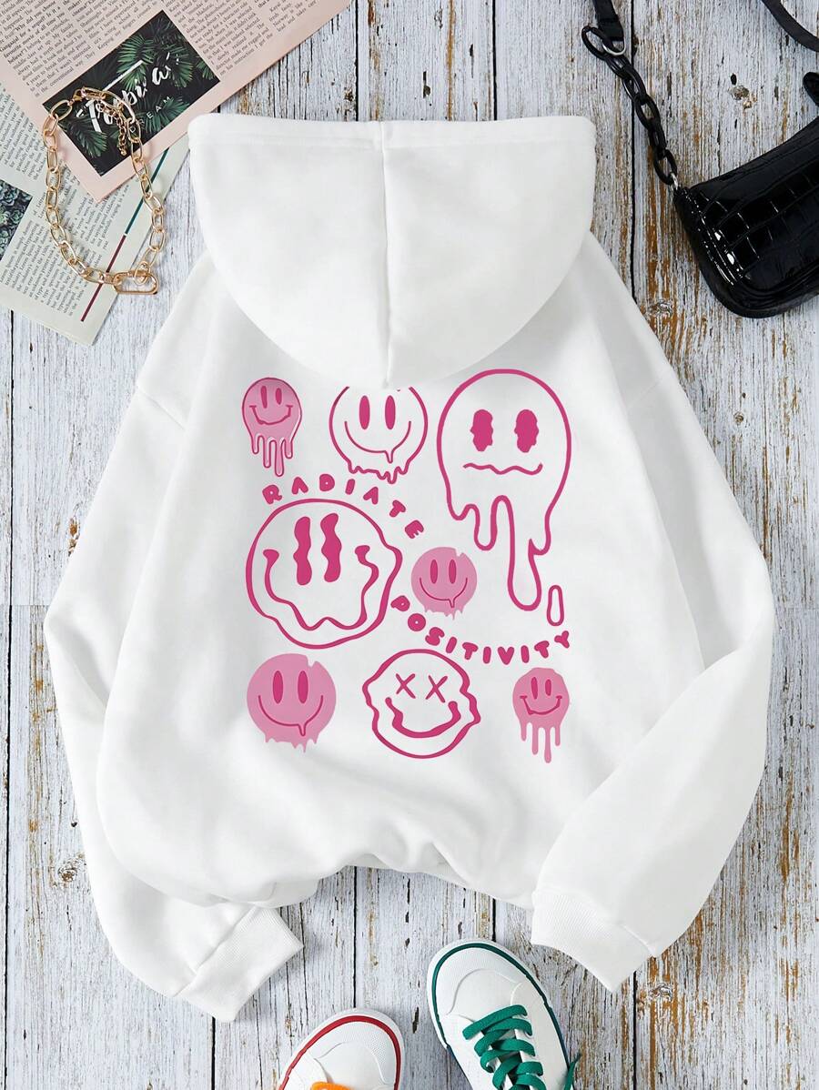 SHEIN Qutie 卡通臉圖案袋鼠口袋抽繩保暖連帽衫 - 白色 - 查看 1