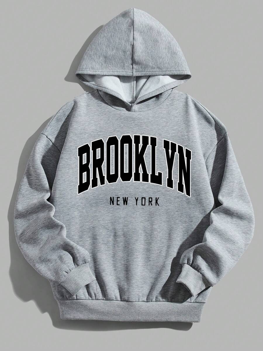 SHEIN Leap Crew 青少年男童宽松字母印花保暖内衬卫衣,适合秋冬季穿着 - 灰色 - 查看 1