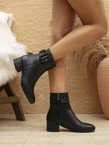 Fall/Winter High Heels Side Zipper Women's Fashion Boots, Elegant Round Toe Thick Heel Party, Holiday, Wedding Shoes With Rhinestone Ribbon & Bow Decor - Black - View 2