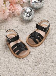 婴儿扣饰凉鞋，简约黑色踝带凉鞋 - 黑色 - 查看 1
