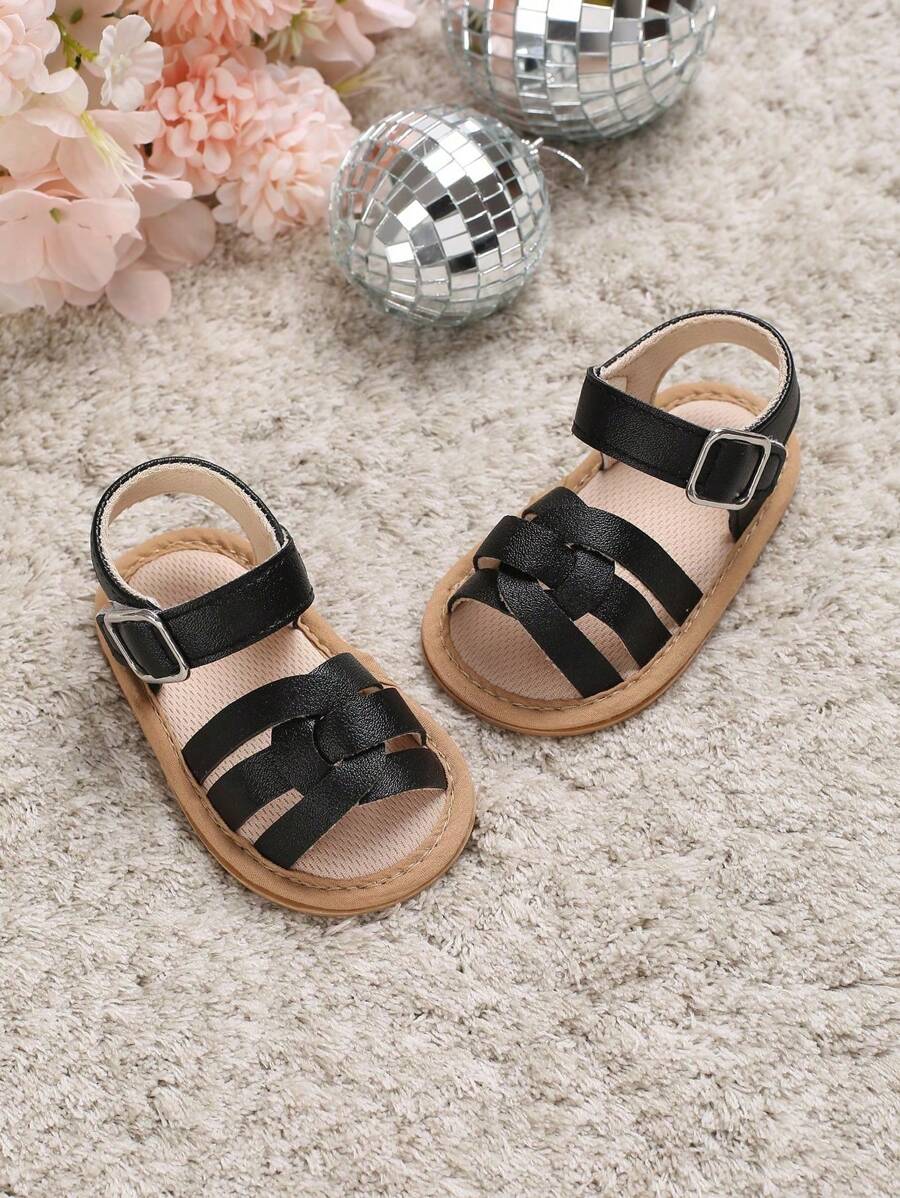 婴儿扣饰凉鞋，简约黑色踝带凉鞋 - 黑色 - 查看 1