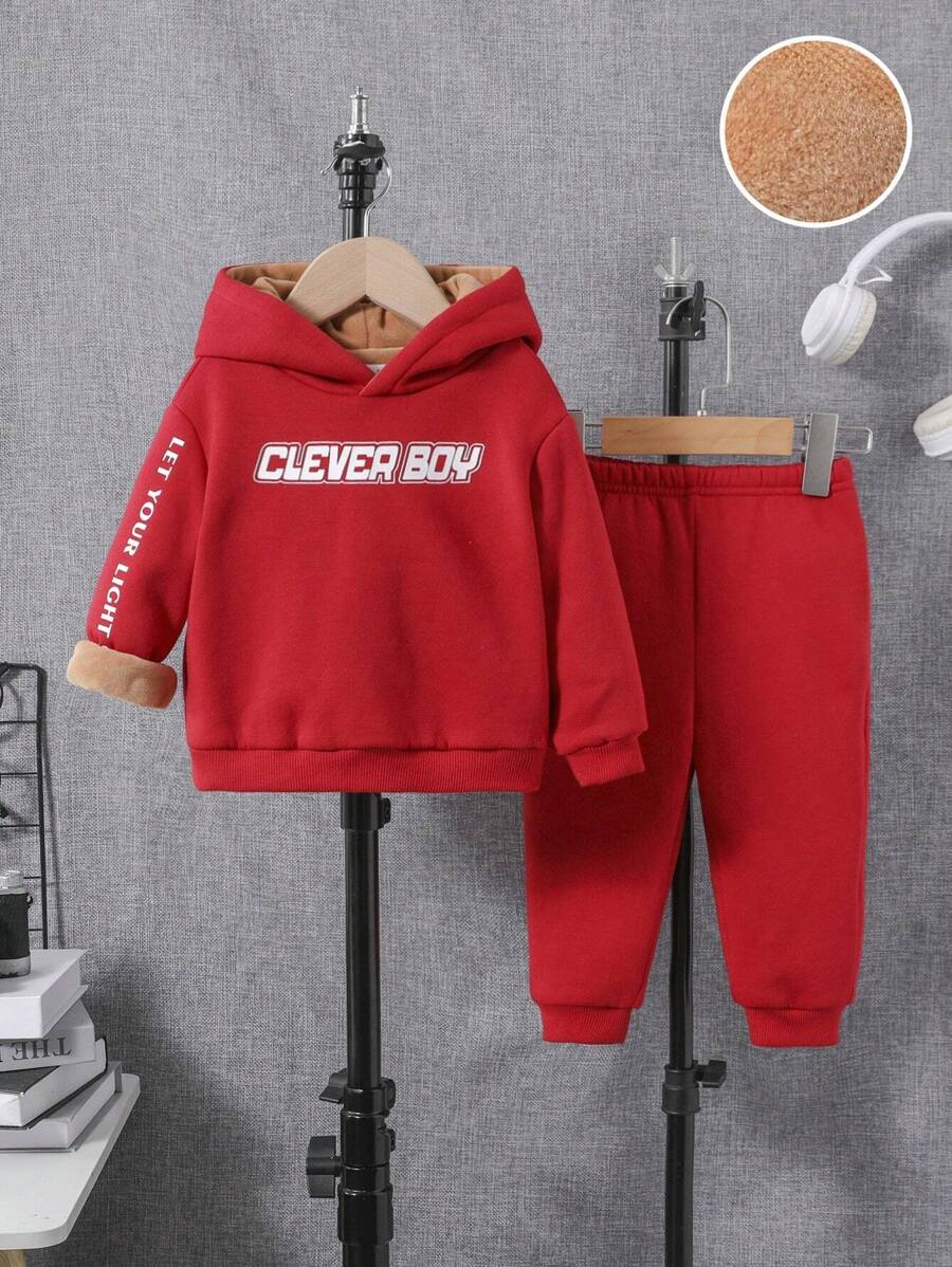 SHEIN Baby Boy Slogan Graphic Thermal Lined Hoodie & Sweatpants - Burgundy - View 1