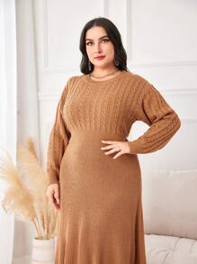 Mulvari 大碼麻花編織落肩袖毛衣洋裝 - 卡其色 - 查看 3