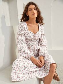 SHEIN VCAY In hoa Ditsy Cổ Trái tim Tay áo lồng đèn Đầm - trắng - Xem 6