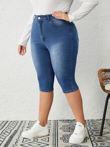 SHEIN LUNE Plus Zipper Fly Skinny Capri Jeans - Light Wash - View 1