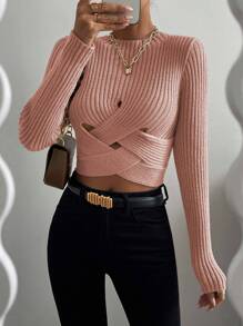 SHEIN Essnce Crisscross Cut Out Ribbed Knit Sweater - Dusty Pink - View 5