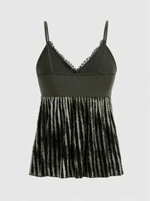 ROMWE Fairycore 條紋圖案蕾絲拼接吊帶上衣 - 綠色 - 查看 2