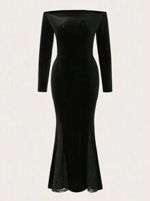 SHEIN ICON Halloween Off Shoulder Lace Insert Velvet Dress - Black - View 1