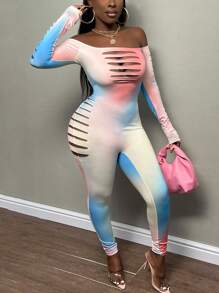 Slaydiva Ombre Off Shoulder Ladder Cut Out Unitard Jumpsuit - Multicolor - View 5