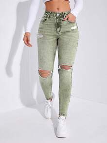 Jeans ajustados desgarro - Verde militar - Ver 5