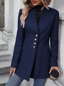 SHEIN Clasi Solid Button Detail Open Front Overcoat - Navy Blue - View 6