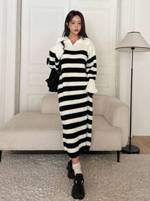 DAZY Vestido de suéter con hombros caídos y estampado de rayas, ropa de mujer de otoño - Blanco y Negro - Ver 3