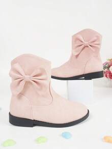 新款秋冬重型平底舒適防滑女童大蝴蝶結靴子，非常適合萬聖節和聖誕節派對 - 粉色 - 查看 2