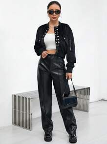 Aveloria 拉鍊按扣短款飛行員夾克 - 黑色 - 查看 6