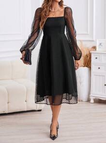 SHEIN Privé Square Neck Lantern Sleeve Mesh Overlay Dress - Black - View 5
