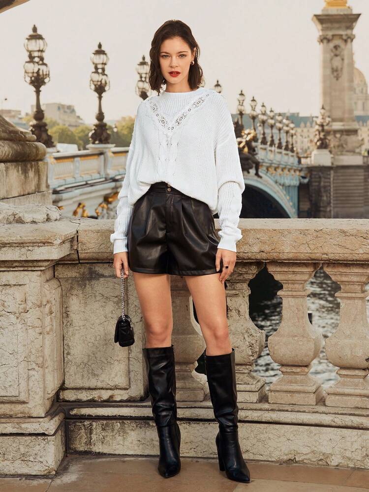 Guipure Lace Insert Drop Shoulder Sweater Winter White Casual