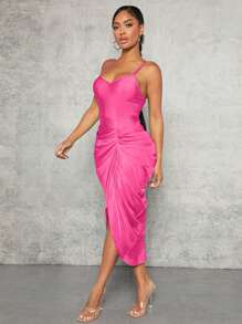 SHEIN SXY 褶邊不對稱下擺緞面吊帶洋裝 - 西瓜粉 - 查看 5