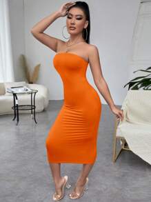 SHEIN SXY Solid Tube Bodycon Dress,Prom Dress - Orange - View 5