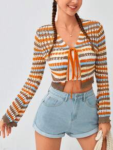 Soleia 條紋圖案&幾何圖案前繫帶短款開衫 - 彩色 - 查看 6