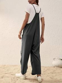 SHEIN LUNE Mono de tirantes de pierna ancha con doble bolsillo sin camiseta - Gris - Ver 2