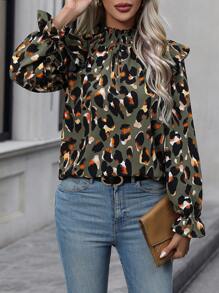EMERY ROSE Allover Print Ruffle Trim Flare Sleeve Blouse - Dark Green - View 6