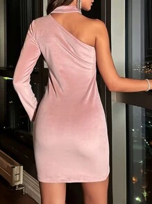 EURMUSE Asymmetrical Neck Bodycon Dress - Pink - View 2