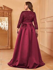 Faeriesty 大碼深V領高衩亮片舞會洋裝 - 酒紅色 - 查看 3