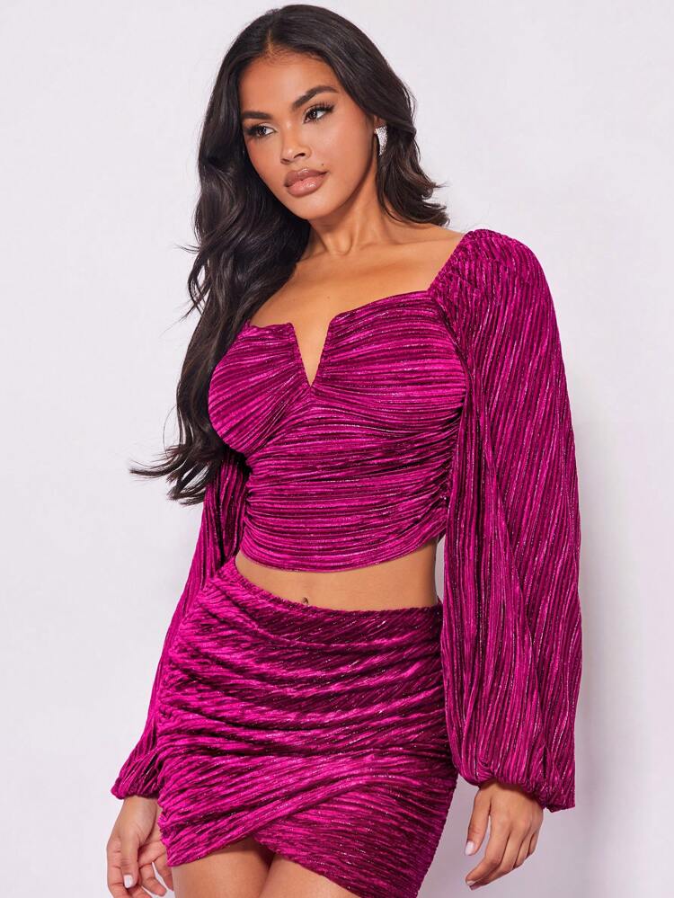 Notched Neckline Lantern Sleeve Crop Blouse