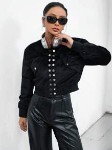 Aveloria 拉鍊按扣短款飛行員夾克 - 黑色 - 查看 3