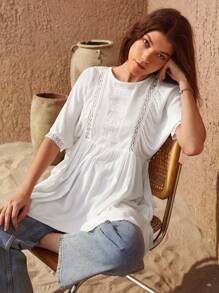 SHEIN VCAY Guipure Lace Insert Smock Top - White - View 2