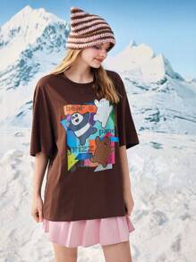 We Bare Bears X SHEIN Không giới tính Đồ họa Hoạt hình Áo thun Thả vai - màu nâu - Xem 5