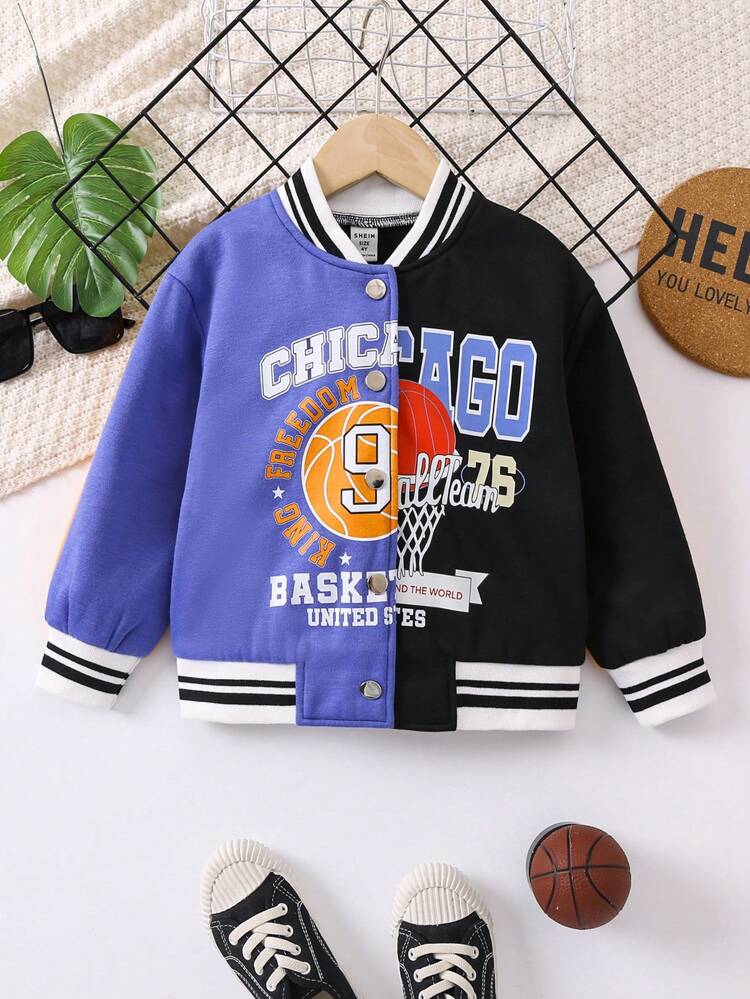 Young Girl Letter Graphic Colorblock Varsity Jacket Without Hoodie