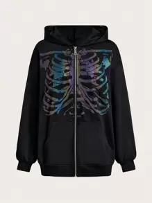 SHEIN ICON Halloween Reflective Skeleton Print Zip Up Hoodie
