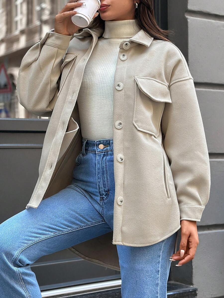 EURMUSE Flap Pocket Drop Shoulder Overcoat - Apricot - View 1