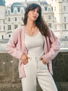 SHEIN Frenchy Solid Button Front Cardigan - Baby Pink - View 5